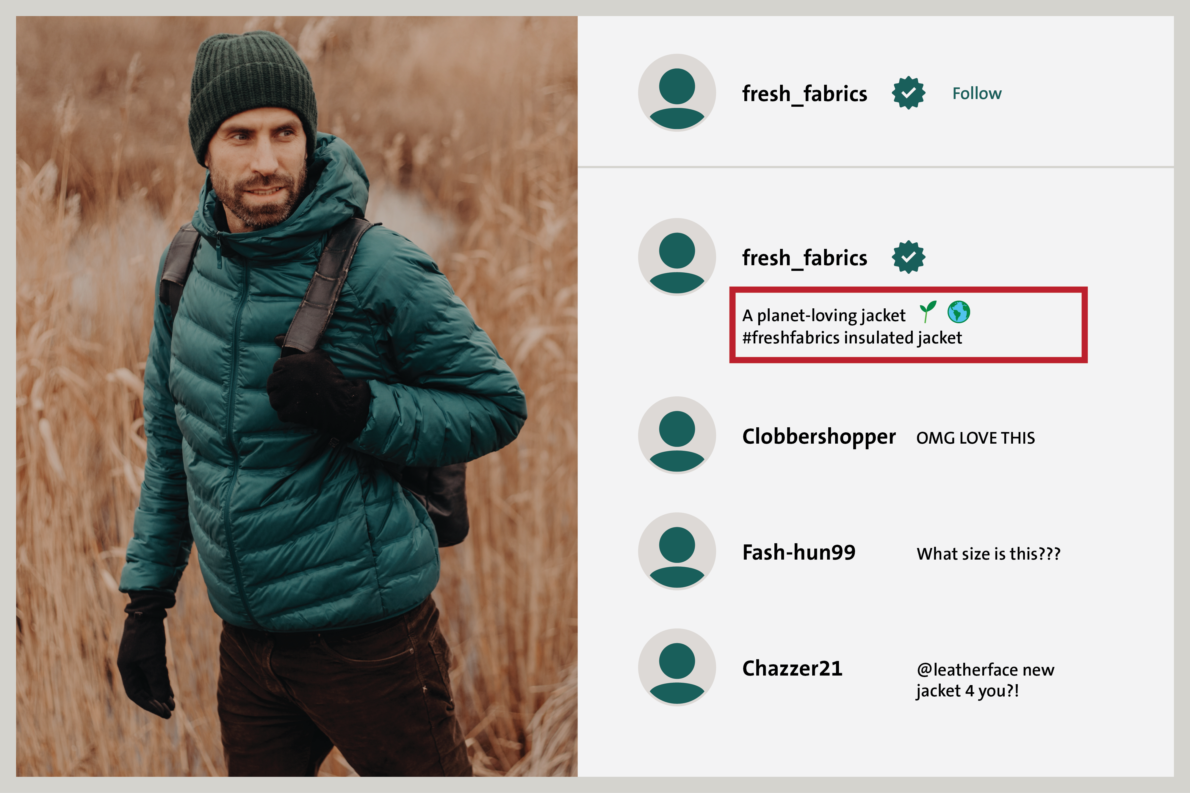  In an example social media post, the fresh_fabrics account claims that an insulated jacket is 'planet-loving'. Several other users have reacted positively to the post, which includes a photo of a model wearing the jacket.