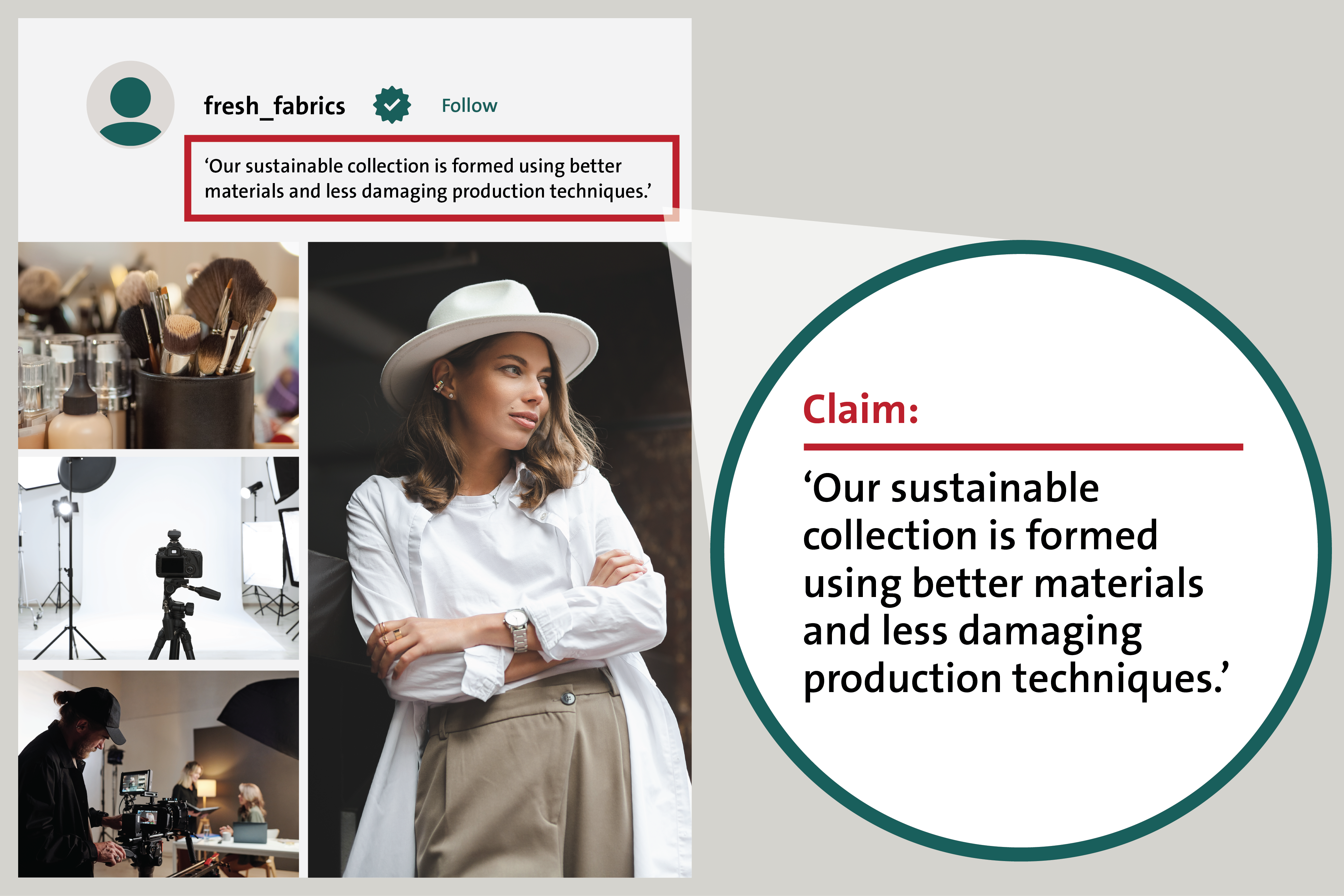 In an example social media post, fresh_fabrics claims that 'our sustainable collection is formed using better materials and less damaging production techniques.' Next to the claim are some photos related to the collection.