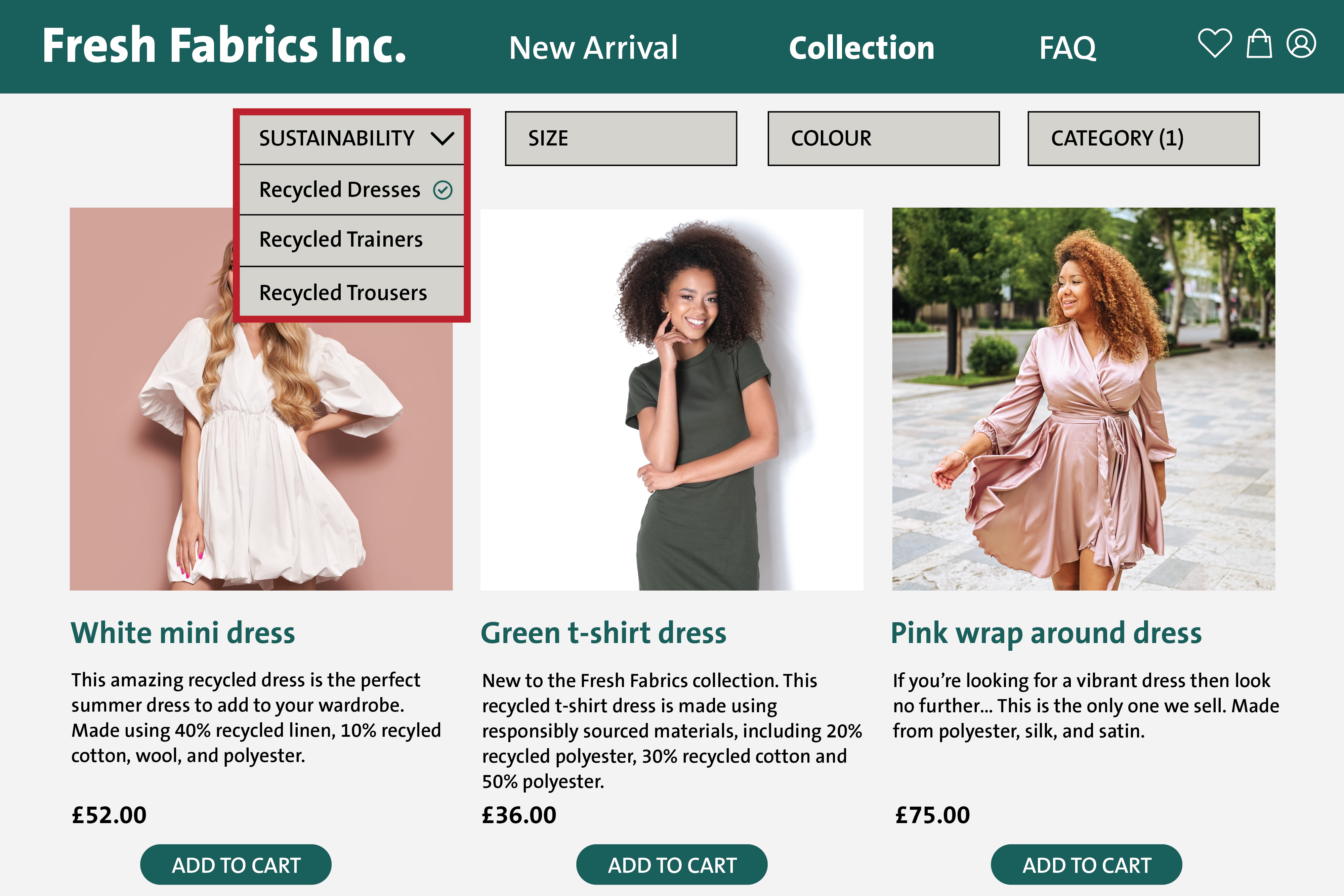 On the Fresh Fabrics Inc. website, a filter shows the user options for 'recycled' dresses, trainers and trousers. The filter label is 'sustainability'. The 'recycled dresses' option is ticked and three dresses are shown with varied product information.