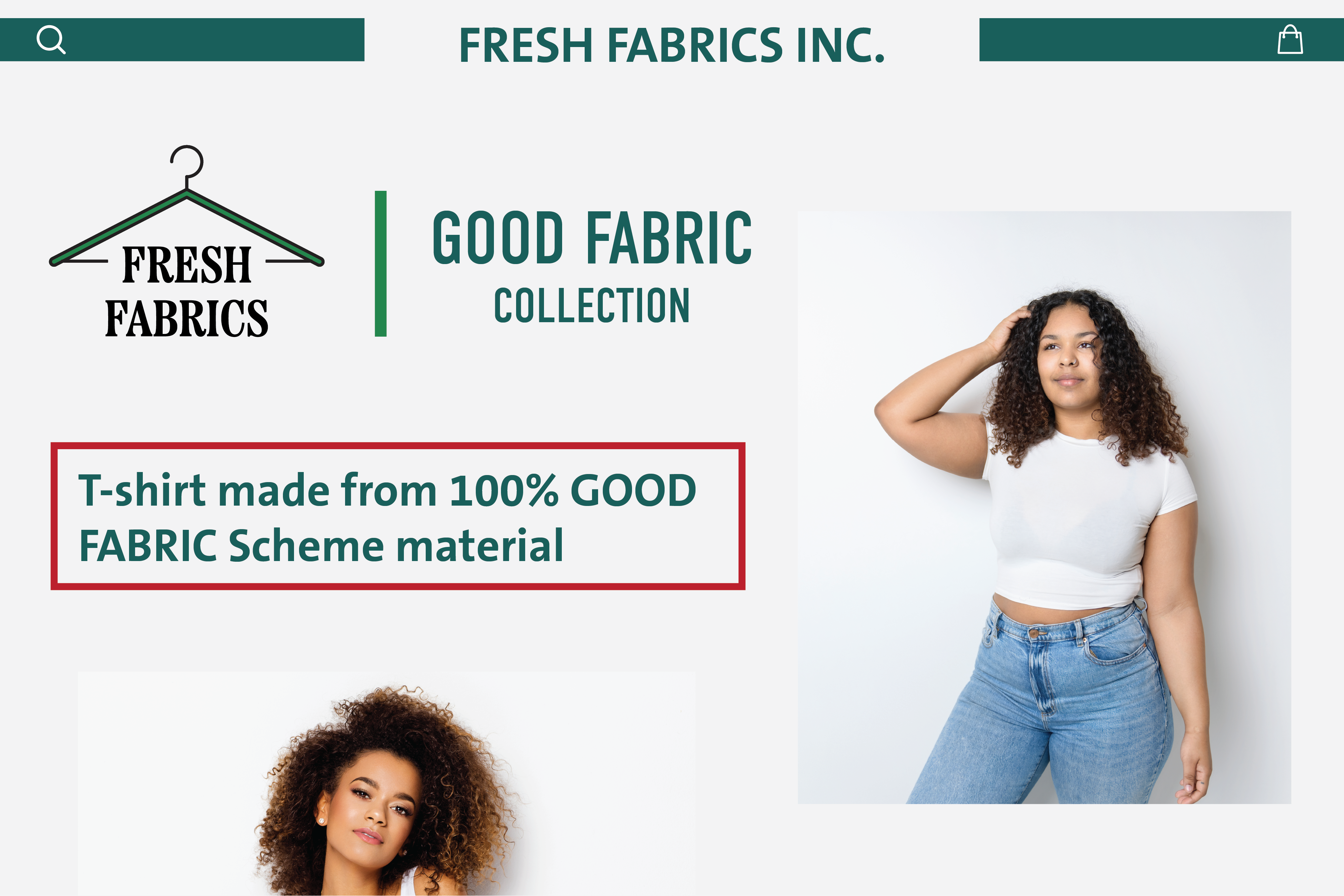 This Fresh Fabrics Inc. webpage claims that a t-shirt is 'made from 100% GOOD Fabric Scheme material'. Above the claim is a logo for the Good Fabric Collection.